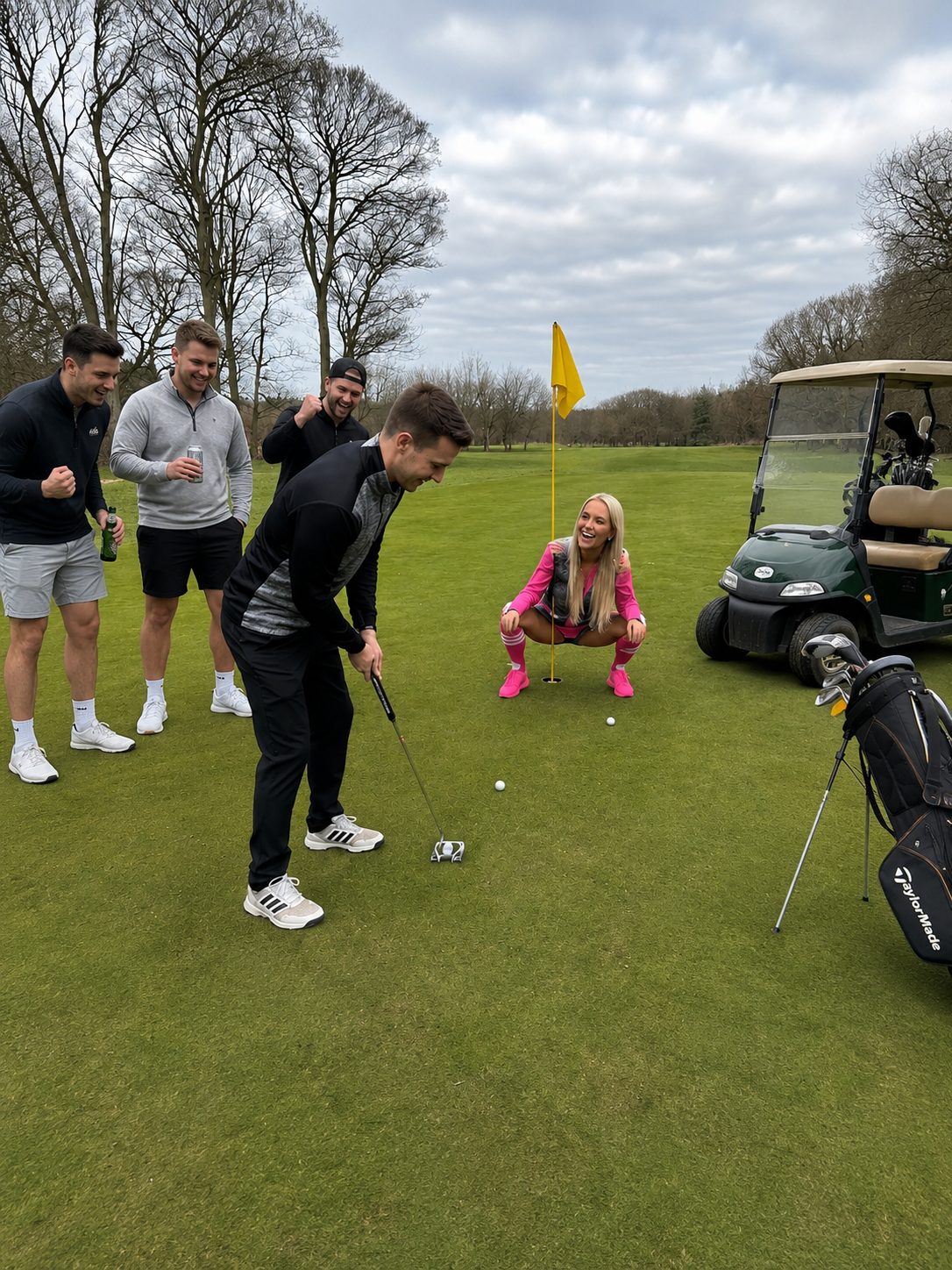Female golf caddy entertaining a stag party group on a UK golf course while the stag takes a putt.