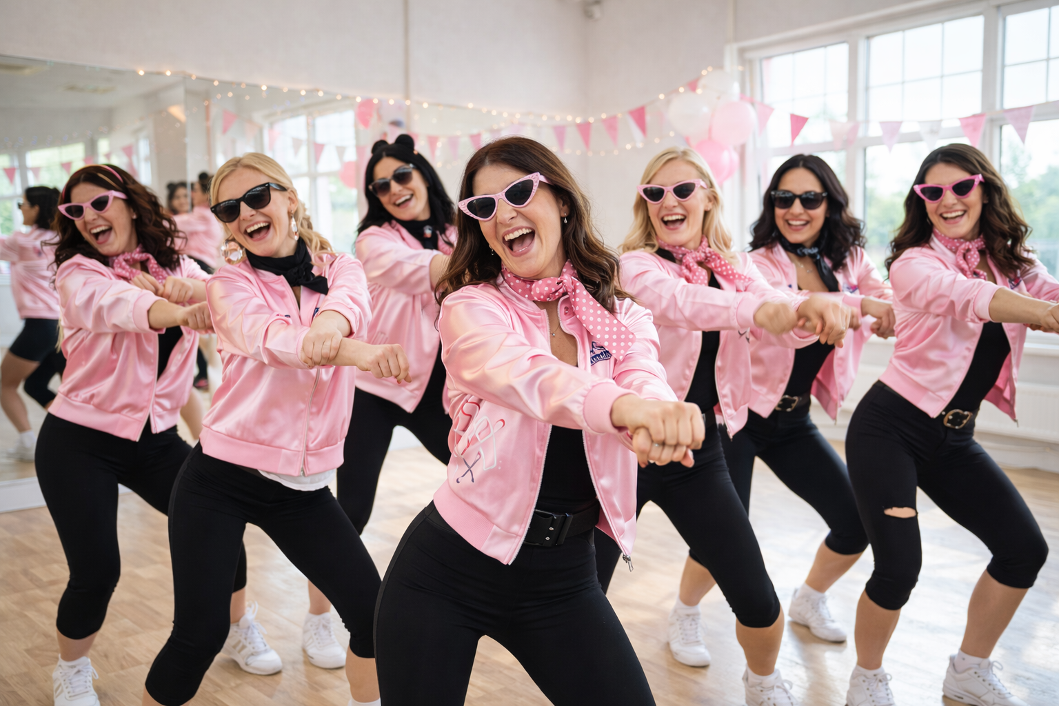 Group of women at a Grease Pink Ladies hen party dance class in a bright studio, wearing pink jackets, sunglasses and scarves while performing a fun, energetic routine together
