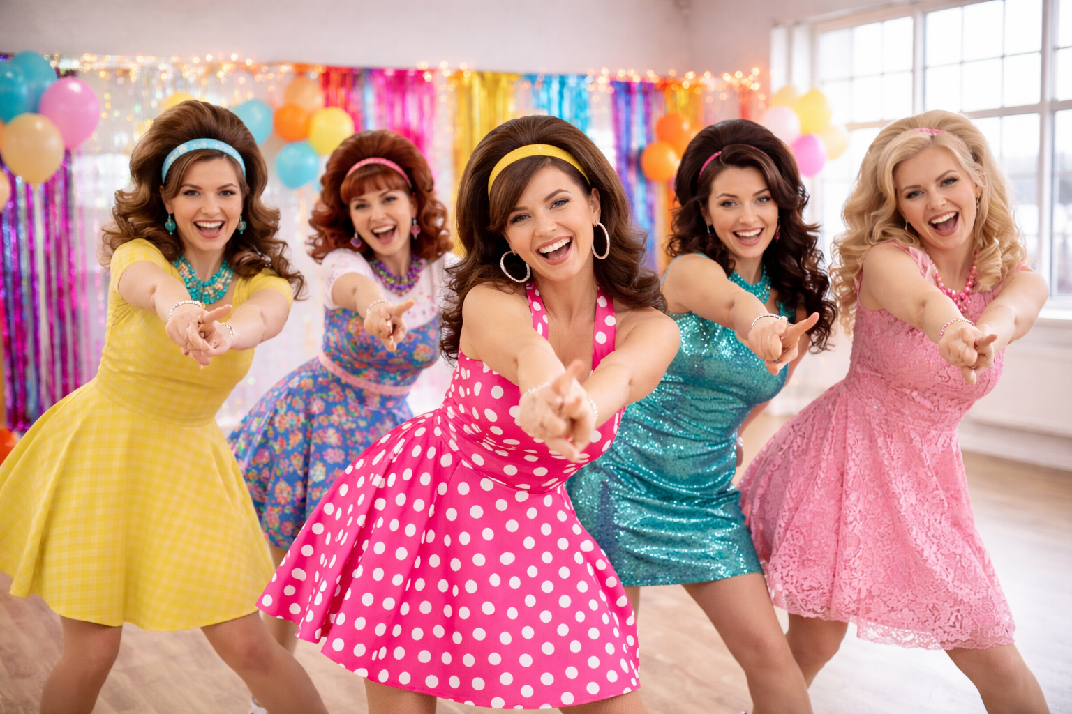 Group of women at a Hairspray-inspired hen party dance class in a bright studio, wearing colourful 60s-style dresses and big hair while performing a fun, energetic routine together