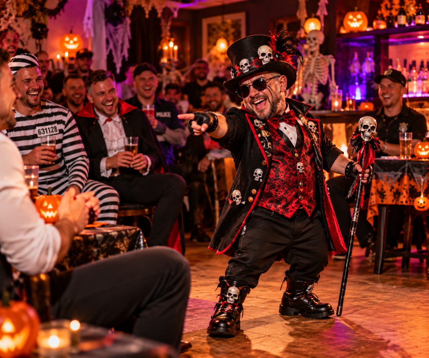 Male dwarf entertainer in Halloween costume entertaining guests at a UK party