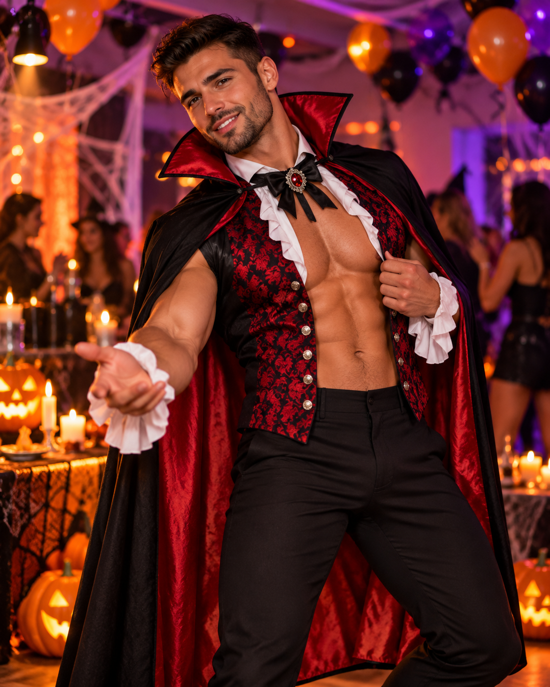 Male stripper performing in Halloween costume at a UK party event
