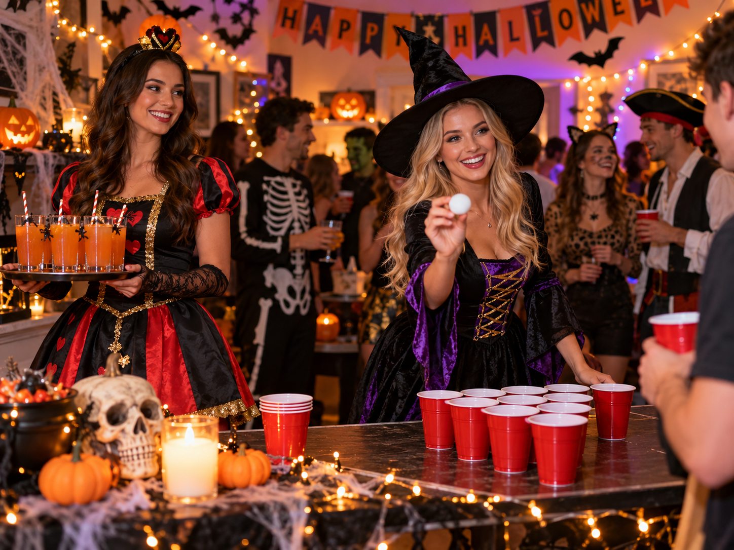 Female Halloween hostess and stripper entertaining guests at a UK party
