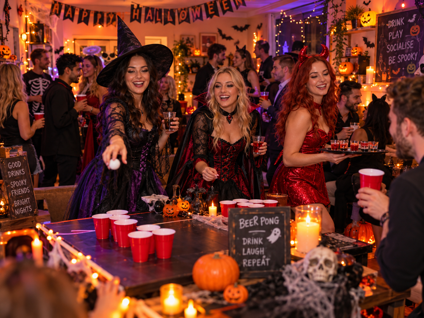 Female Halloween hostesses serving drinks, playing party games and mingling with guests at a UK event