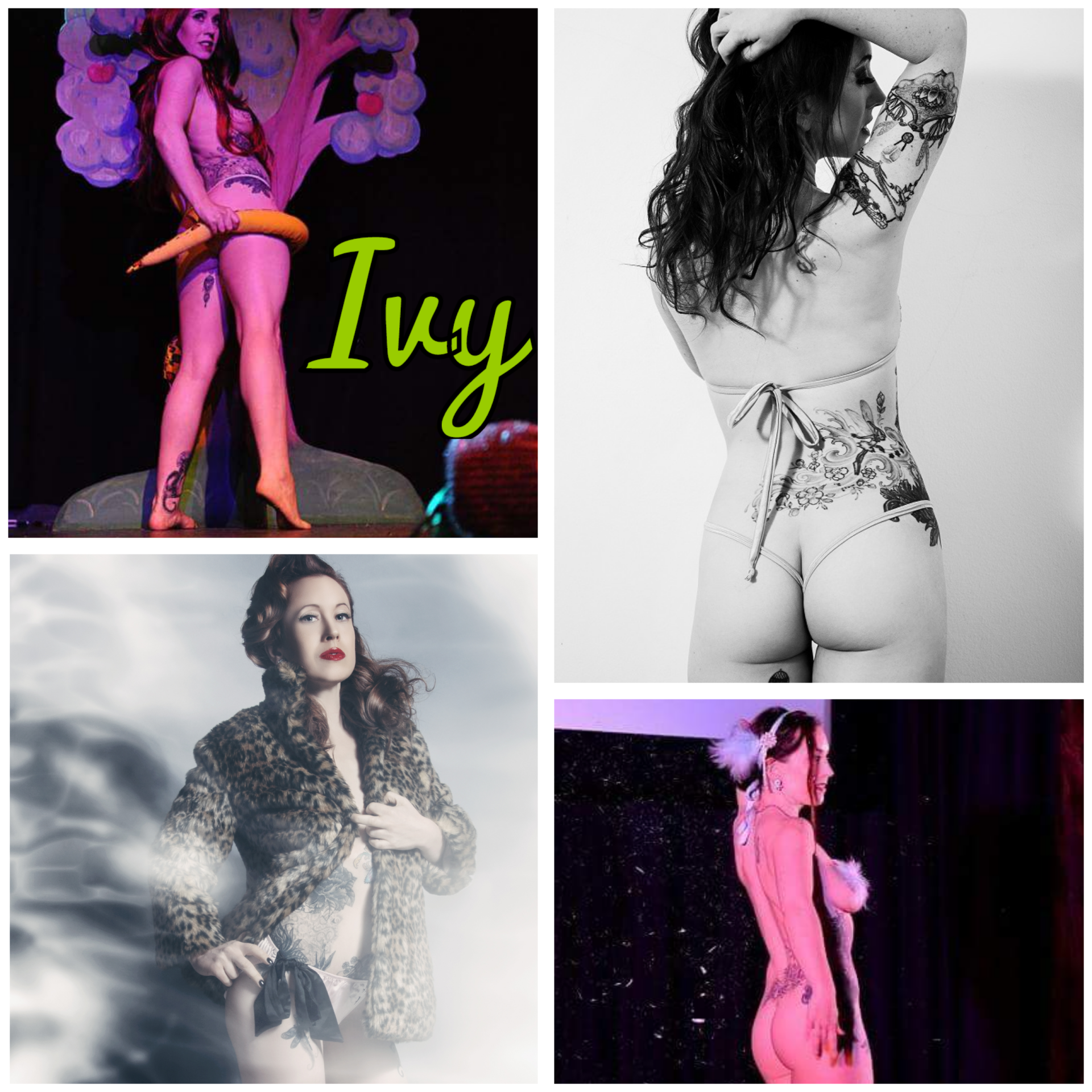 Collage of entertainer Ivy posing in lingerie and vintage-inspired outfits across stage and studio settings, showcasing tattoos and elegant, confident poses in both colour and black and white images, available in Bristol with travel within a 1.5 to 2 hour radius.