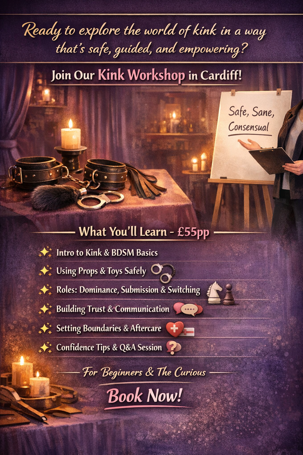Kink workshop in Cardiff setup with candles, BDSM props including cuffs and restraints, and instructor presenting safe, sane, consensual principles in a warm, intimate learning environment for beginners and curious adults