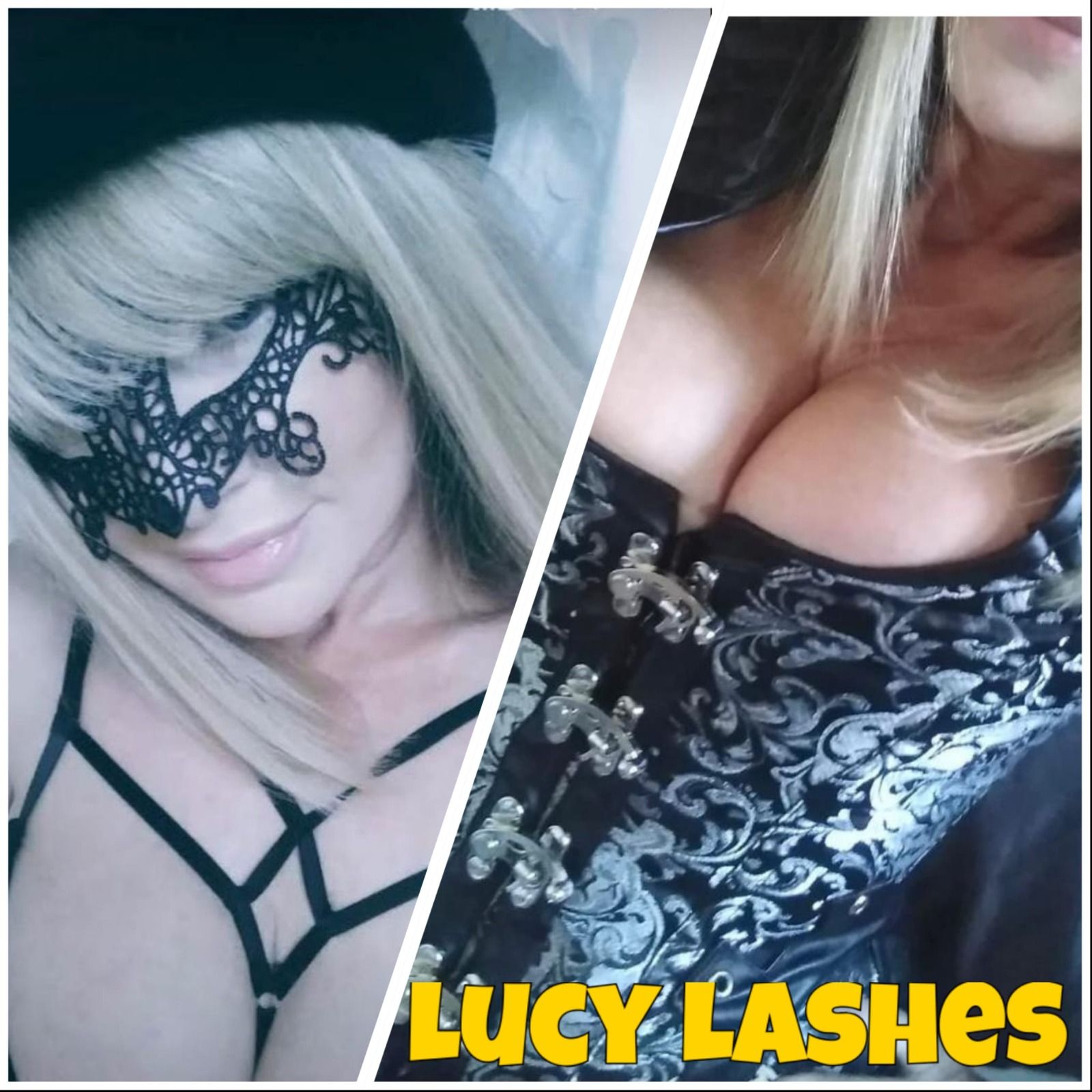 Lucy Lashes, a glamorous mature female strippergram based in the London area, wearing elegant fancy dress outfits including a lace masquerade mask and Victorian-inspired corset. Experienced adult entertainer available for stag parties, birthday celebrations, private events, surprise strippergrams and themed party entertainment across London and surrounding areas.
