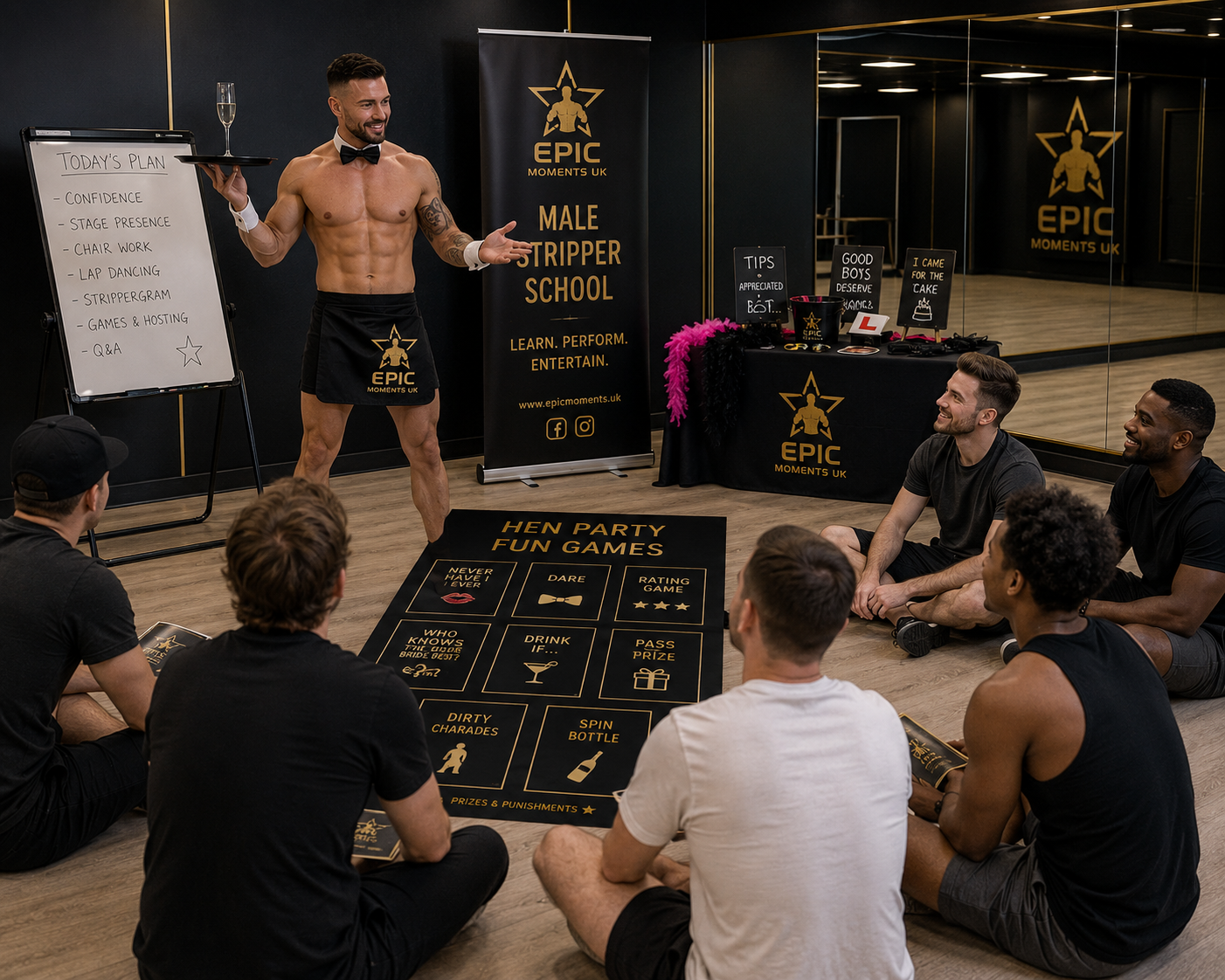Adult performer demonstrating interactive party game hosting techniques during a performance training session, with a group setting and themed props visible