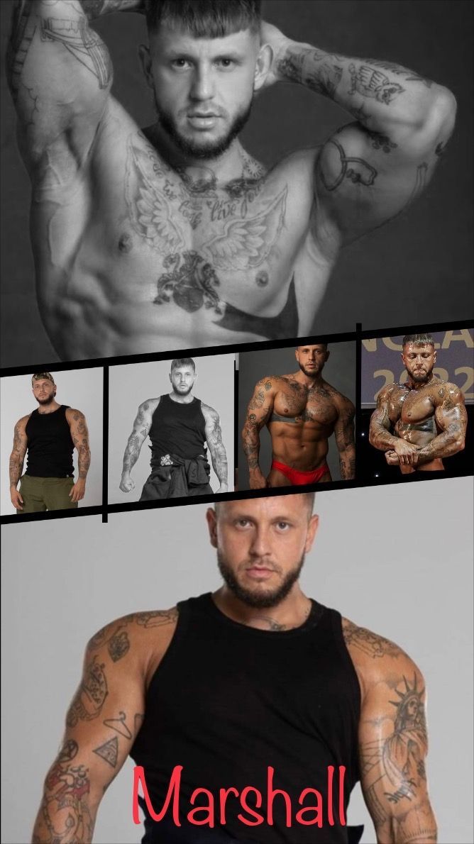 Marshall Tipton male stripper performing at hen parties and private events, muscular tattooed bodybuilder entertainer delivering powerful, high-energy strip shows with strong stage presence.
