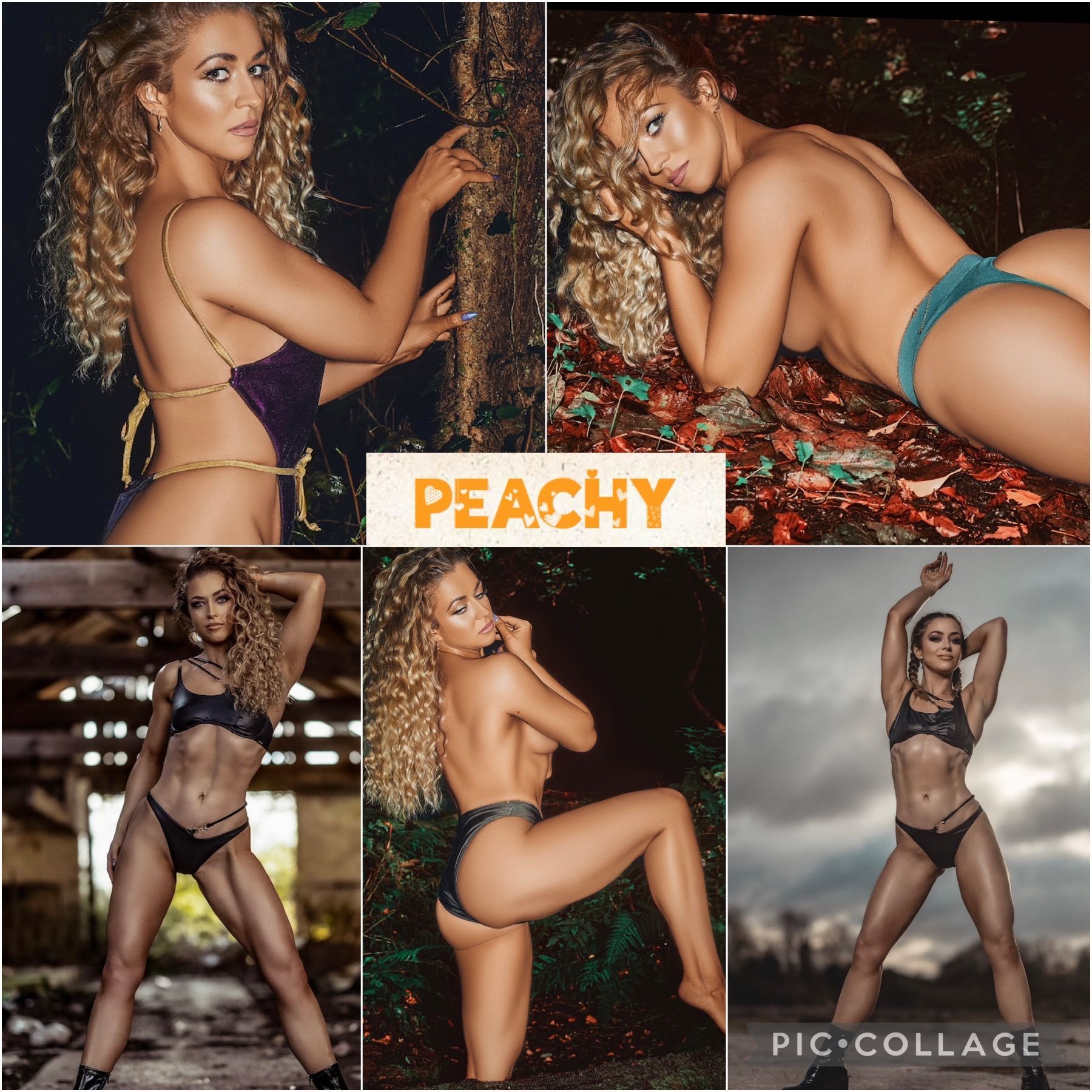 Collage of entertainer Peachy posing in lingerie and swimwear in outdoor and urban settings, showcasing toned, confident and glamorous poses in a mix of performance and fitness-style shots, available in South Wales.