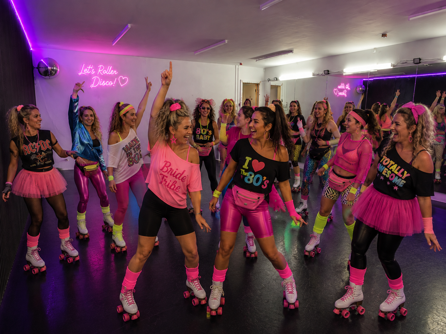 Cardiff roller disco hen party with an 80s theme, featuring a group of women roller skating and celebrating together at a private dance studio.