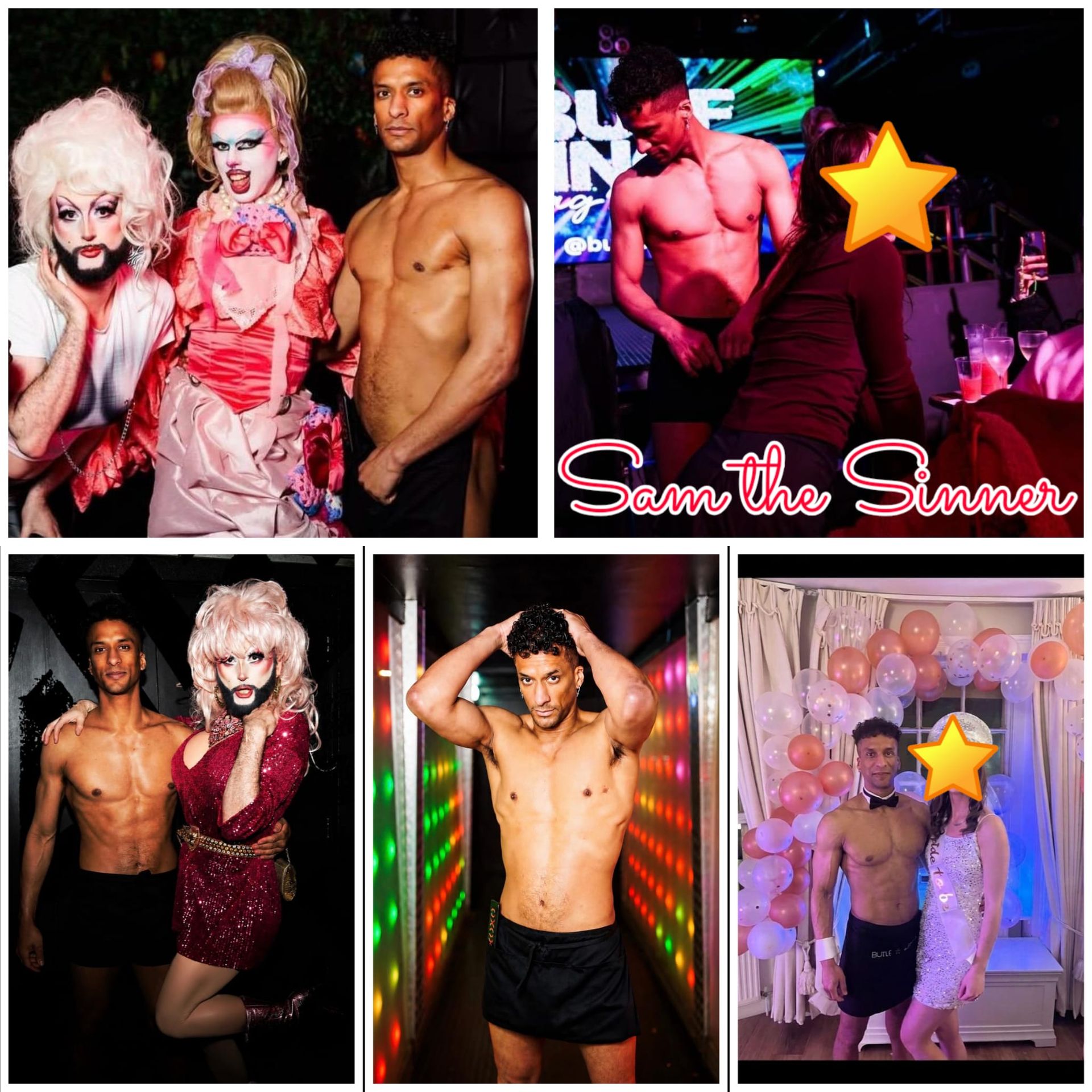 Collage featuring London-based male entertainer Sam the Sinner performing at hen parties, drag-themed events and nightlife venues, including shirtless dance performances, party interaction, colourful club lighting and photos with guests at UK celebrations.