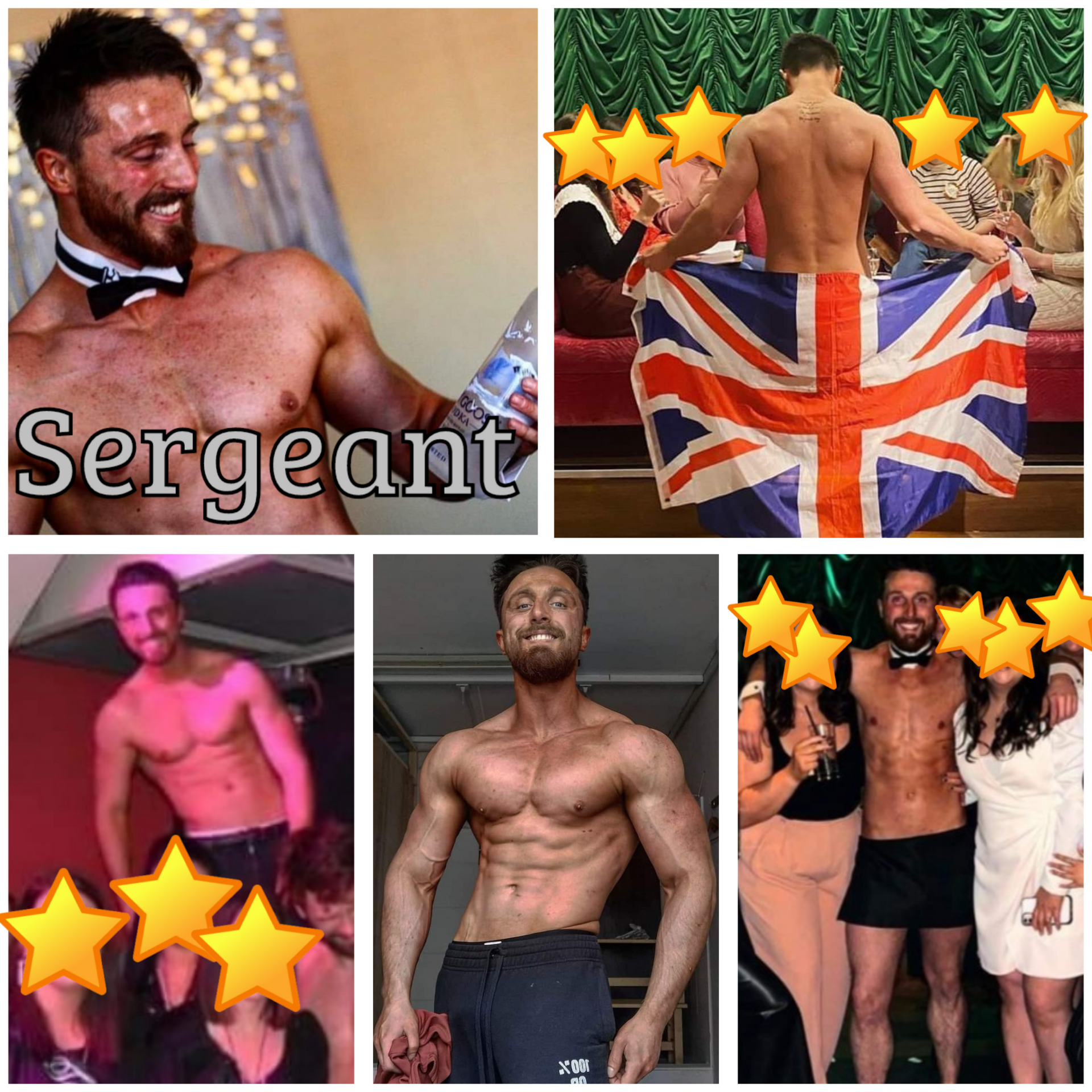 Sergeant male stripper based in Gateshead performing at hen parties and private events, muscular entertainer delivering high-energy strip shows across Gateshead and the North East.