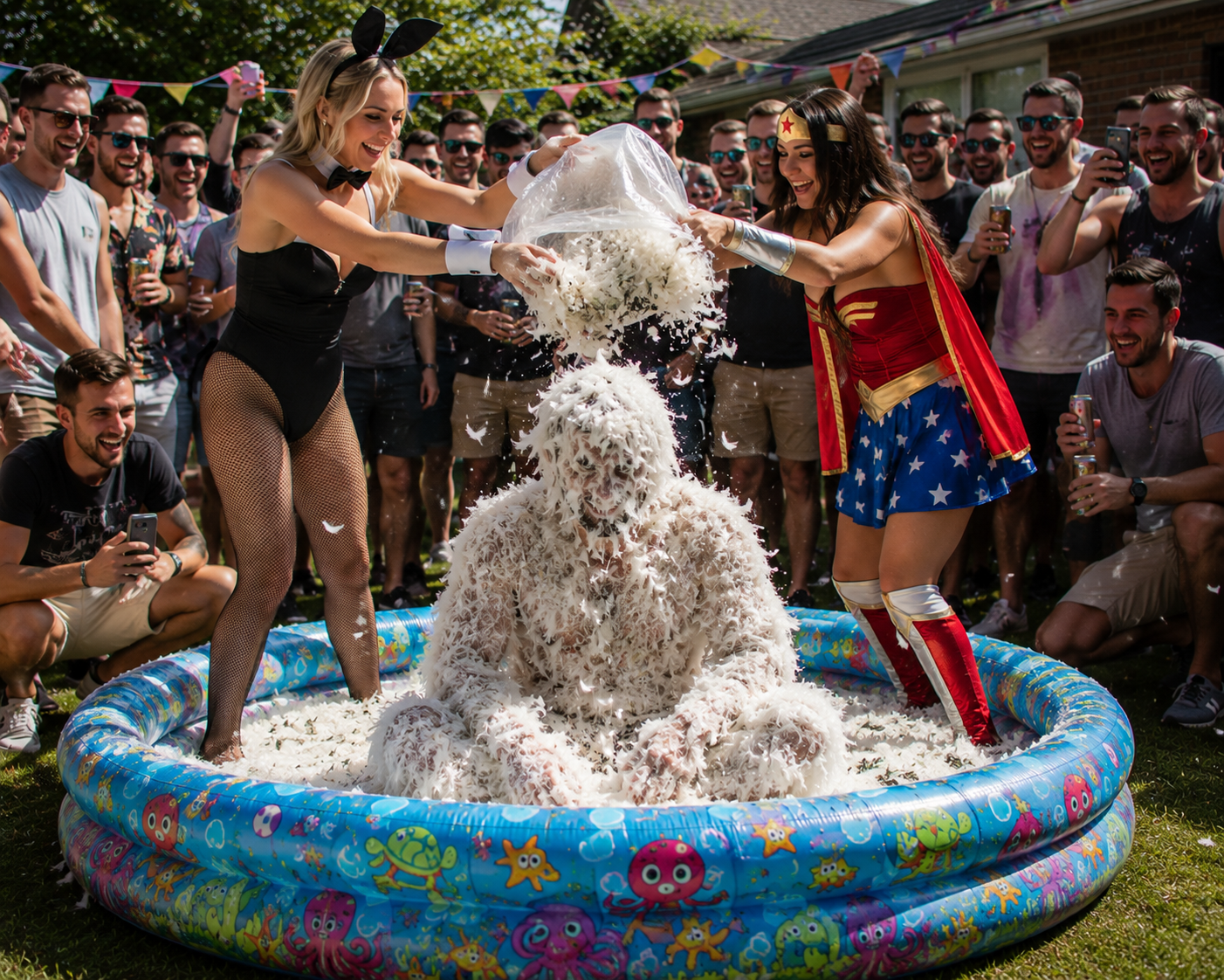 Two costumed female entertainers cover a man in white feathers inside a paddling pool while a crowd of men cheer, laugh and enjoy a fun-filled sploshing party show at an outdoor event.