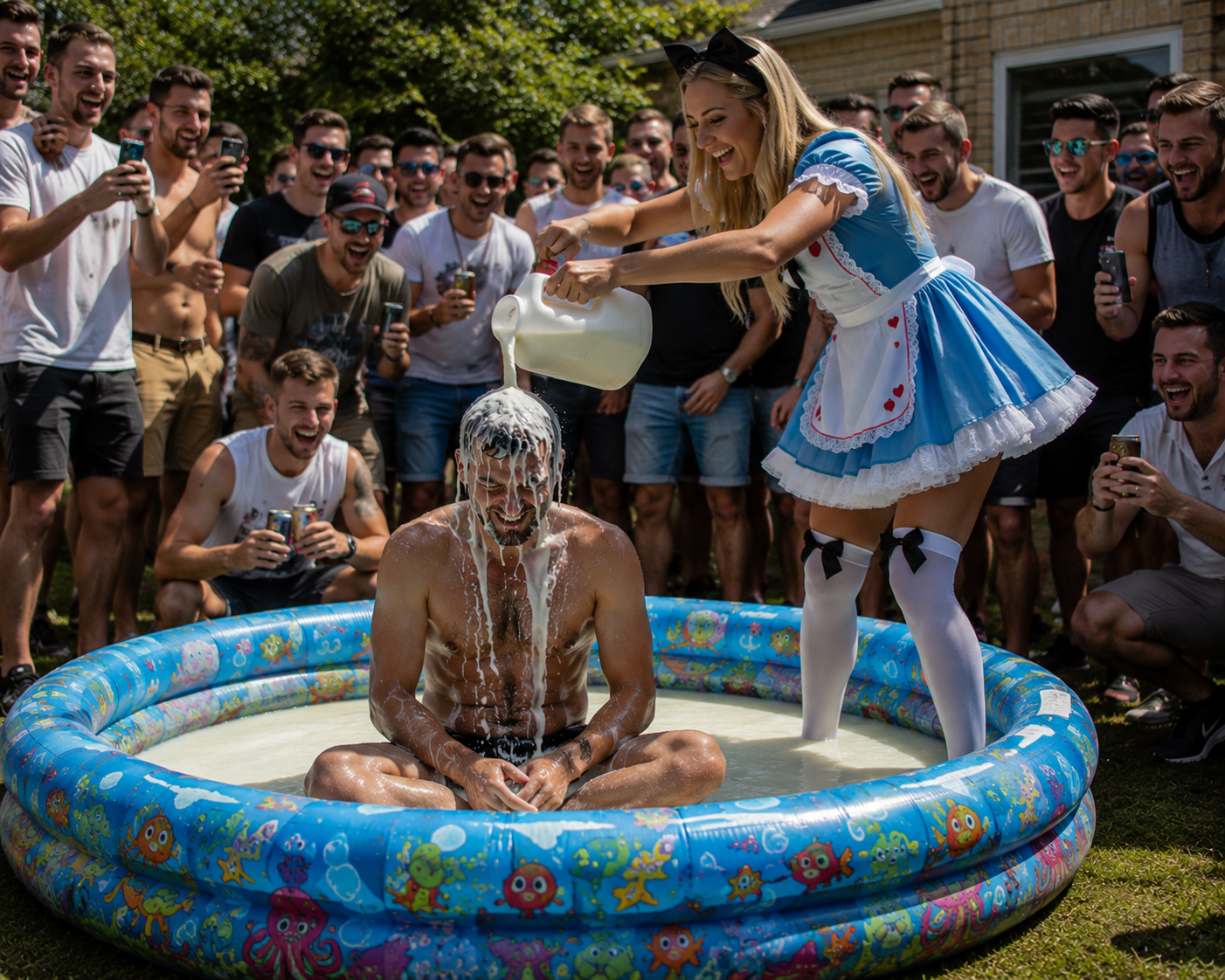 Female entertainer in fancy dress pours milk over a man sitting in a paddling pool while a crowd of cheering men watch and laugh during a fun, messy sploshing party show.