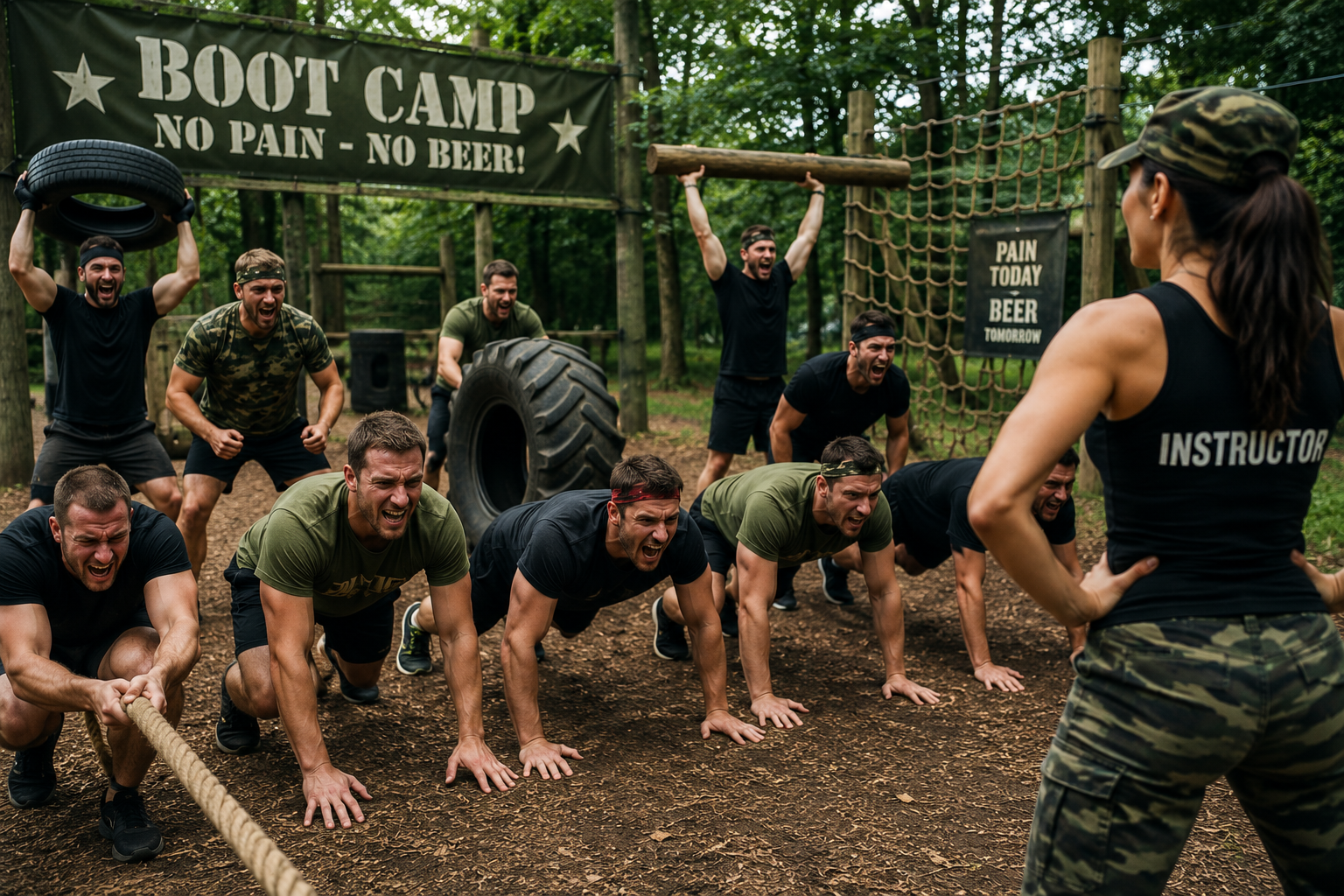 Boot camp stag party challenge in Cardiff with a female military-style PT instructor leading a group of men through fitness drills, tyre carries, rope pulls, obstacle course challenges and team-building exercises in an outdoor woodland training area.