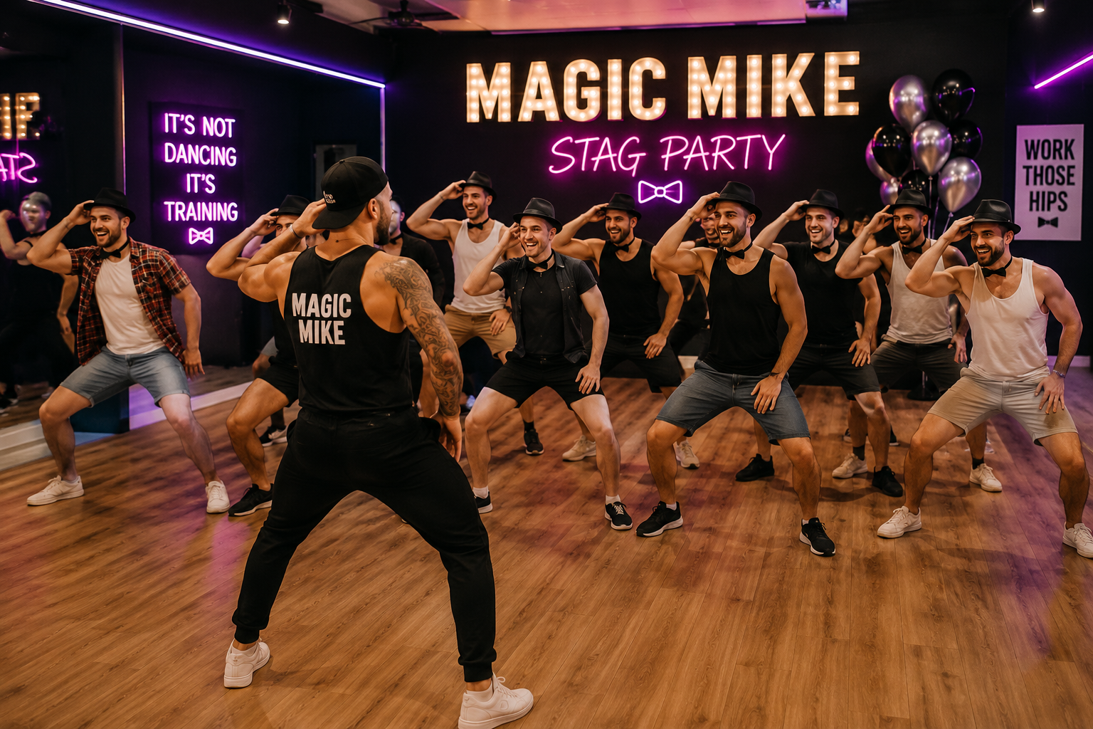 Magic Mike stag party dance class with male group learning choreographed dance routines in a neon-lit studio led by a professional instructor during a fun stag weekend activity.