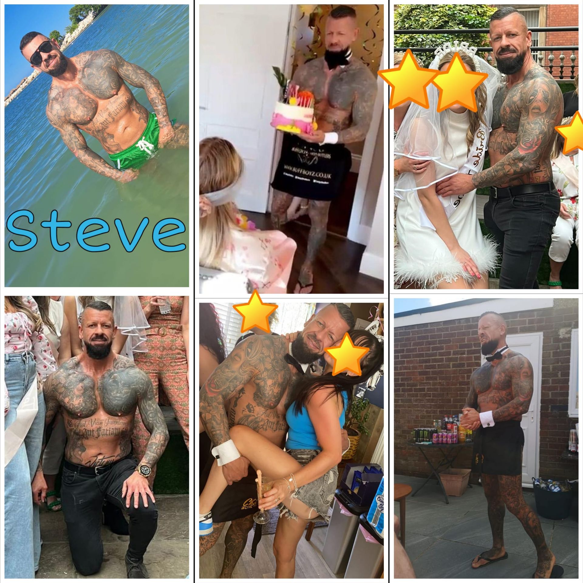 Steve O buff butler and life model with tattoos, available in Sheffield, Chesterfield, Doncaster, Leeds, Huddersfield, and York for hen parties and events