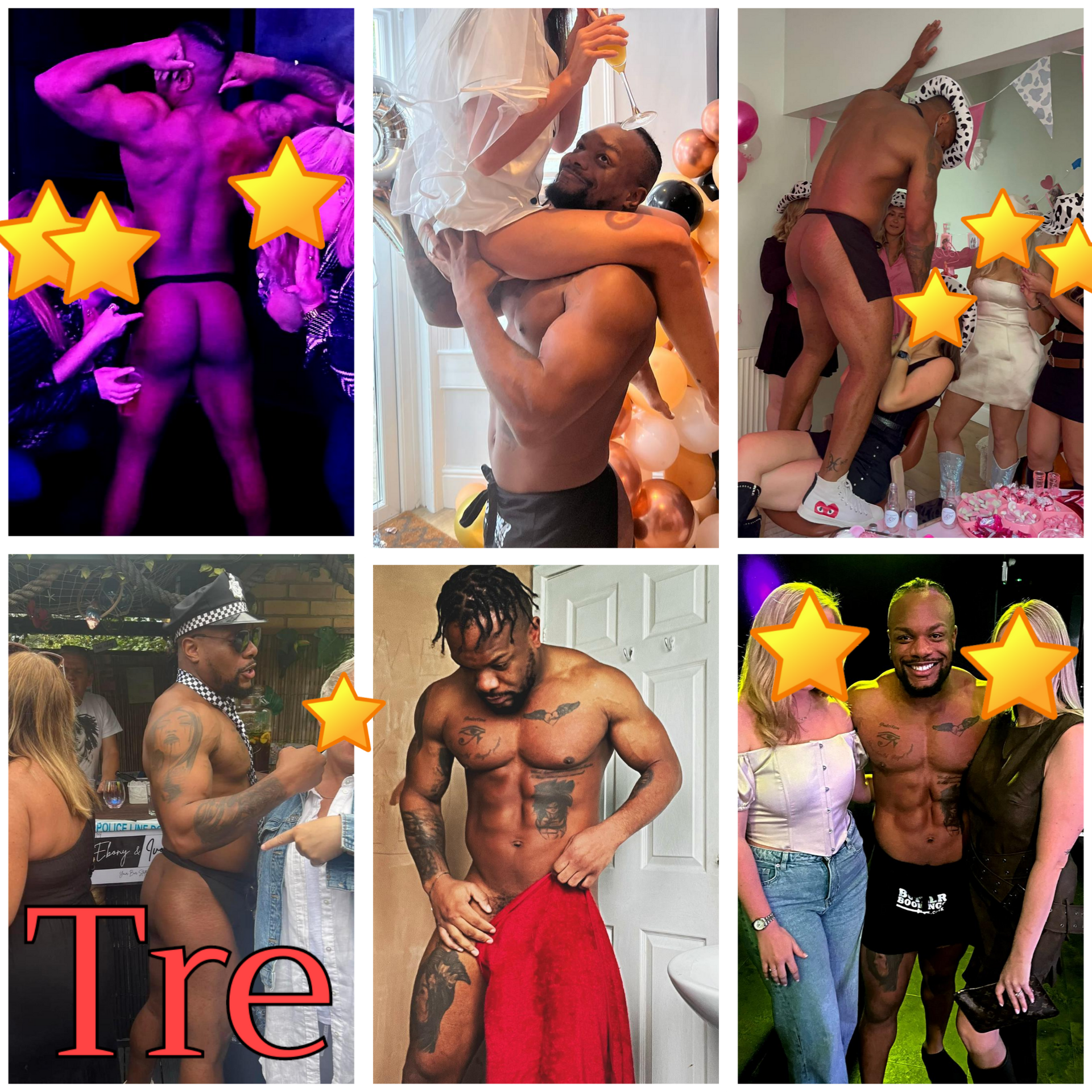 Tre, muscular Bristol and South West male stripper performing at hen parties and events, known for his high-energy shows, police costume, and cheeky charm