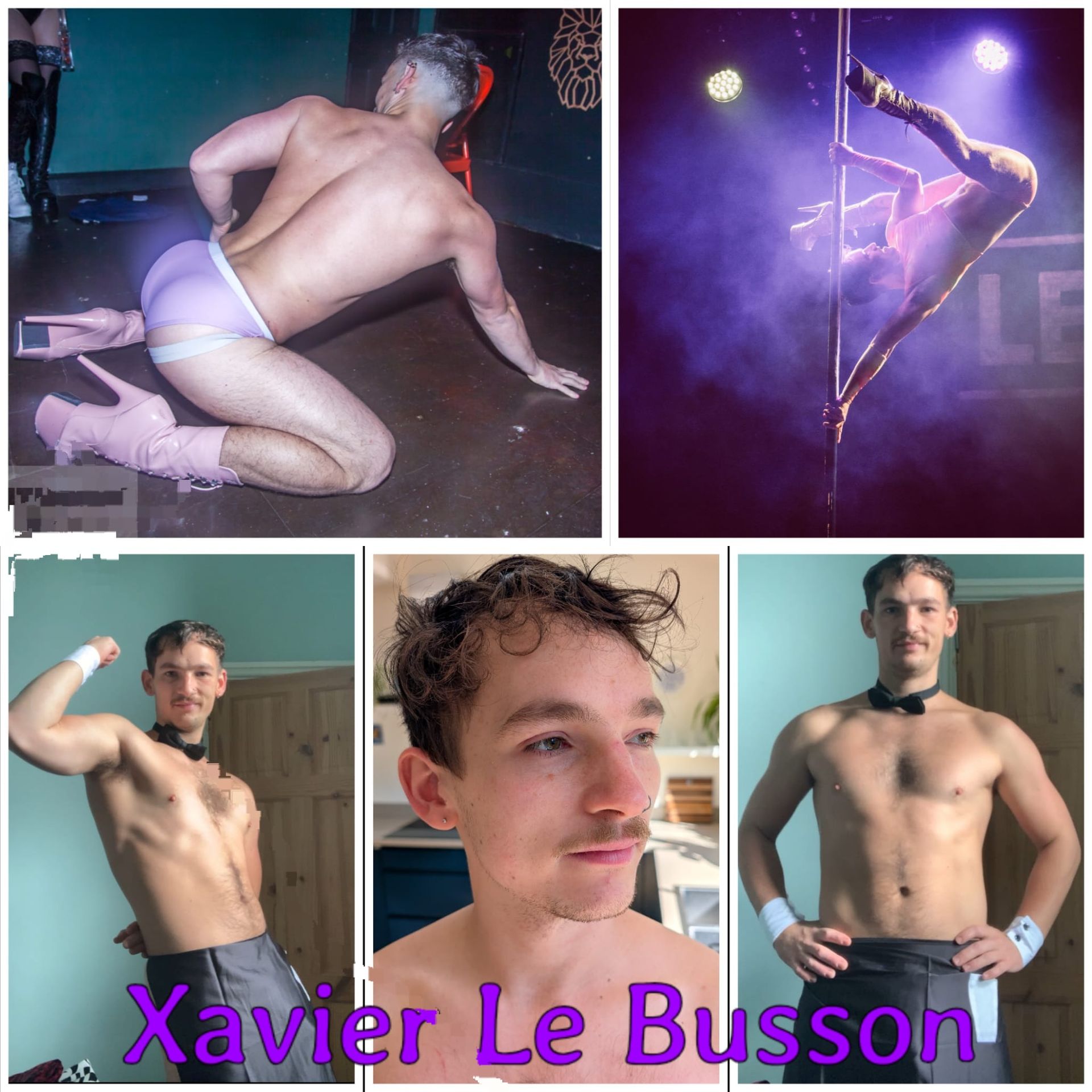 Book Xavier Le Busson – professional male entertainer, pole dancer and life model for parties across Manchester, London and the North West Xavier Le Busson male entertainer and pole dancer showcasing athletic stage poses, pole performance and topless host portraits for hen and stag party entertainment