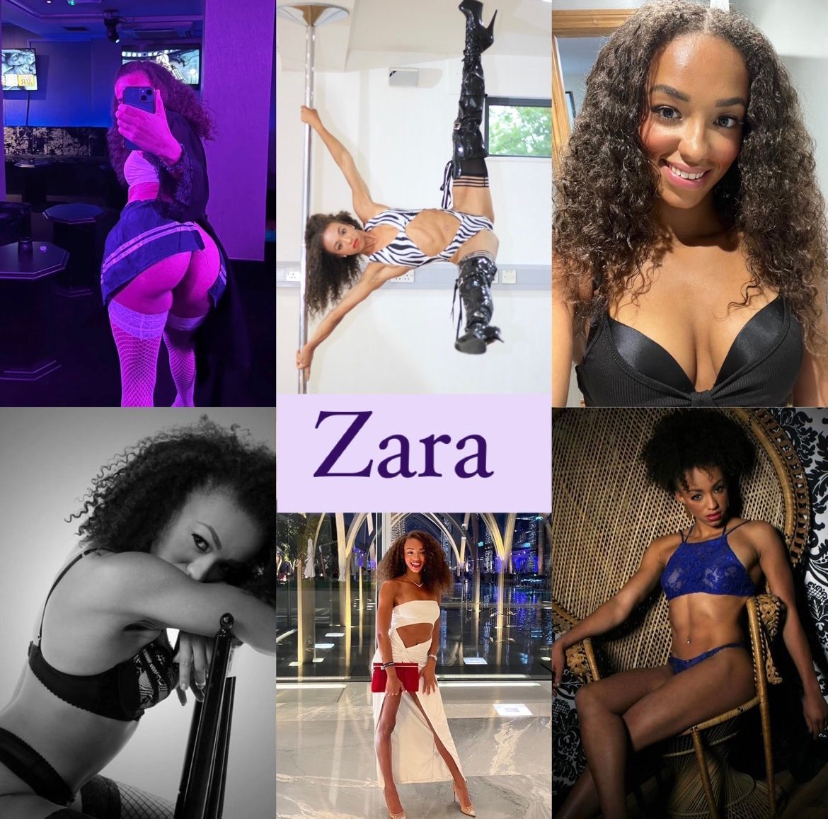 Collage of entertainer Zara posing in lingerie, pole dance attire and elegant outfits in studio and nightlife settings, shown in a mix of performance and portrait shots, available in Lincoln.