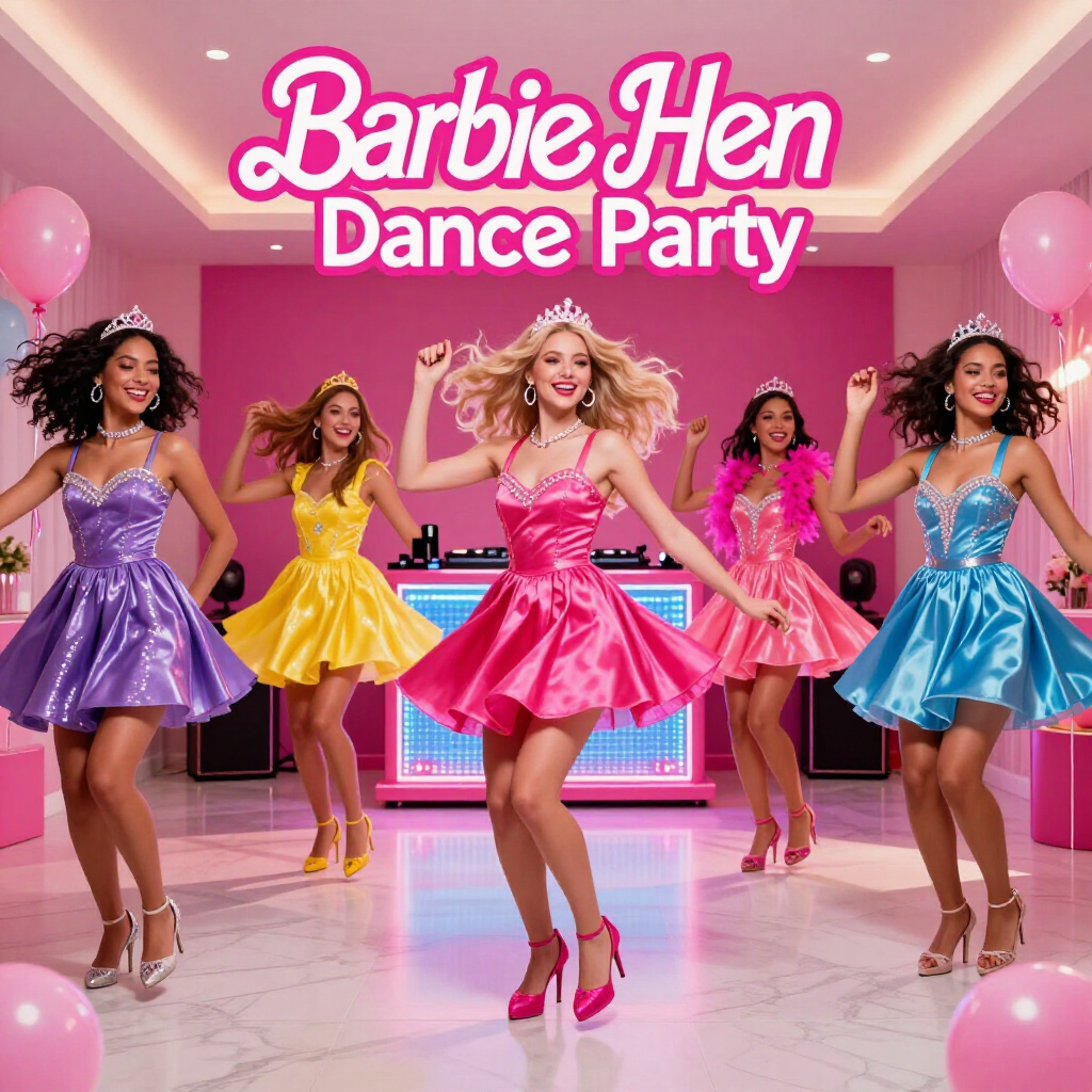 Group enjoying a Barbiecore dance party in Cardiff, dressed in pink and learning fun pop-inspired choreography with a professional dance instructor from Epic Moments UK.