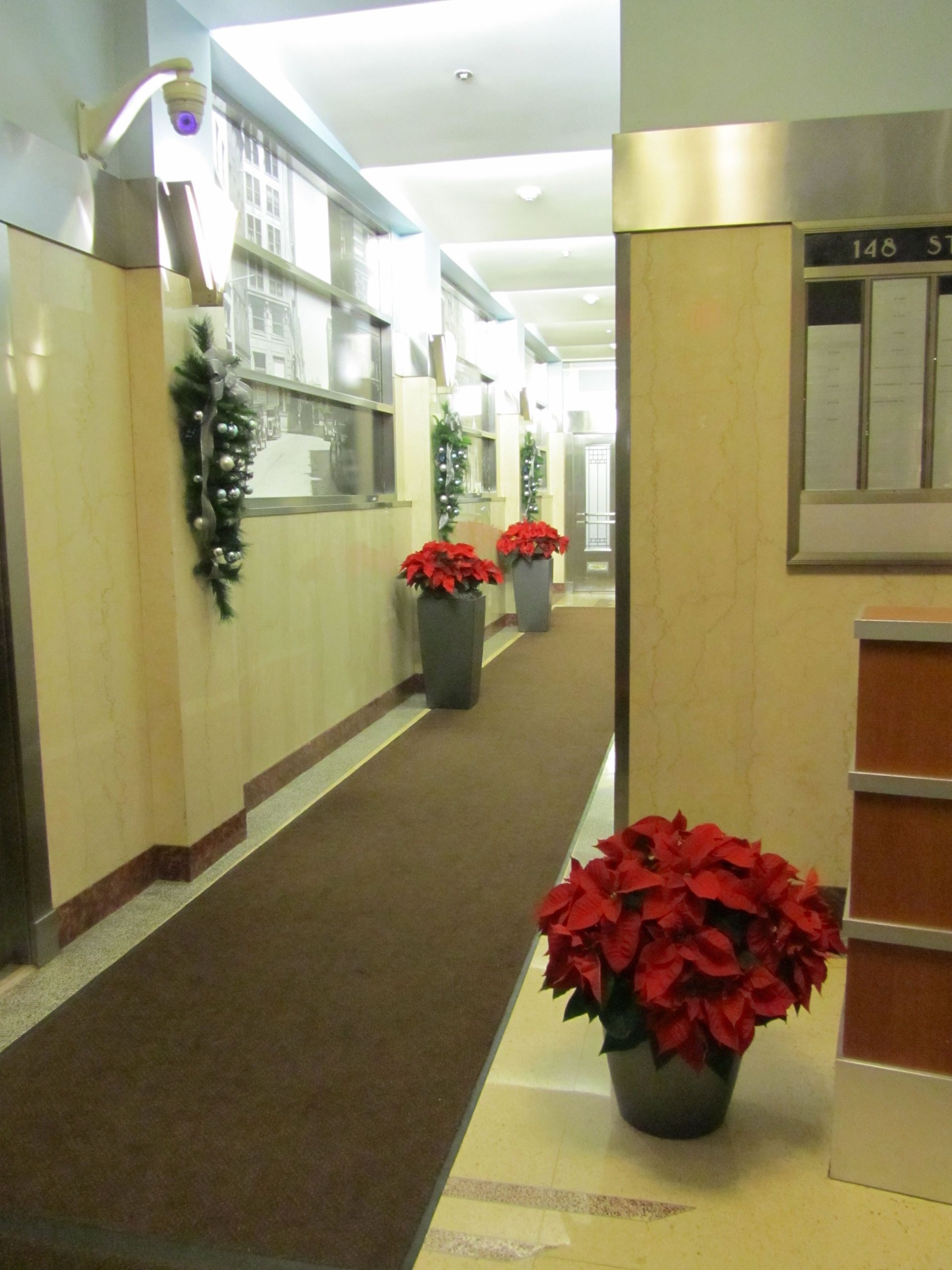 A hallway with a sign that says 145 on it