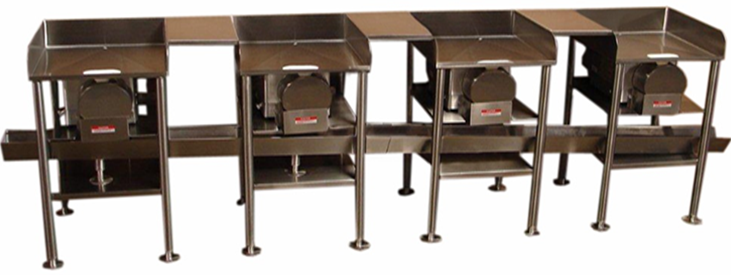 Prawnto Commercial model 300 with water flume for collecting shrimp at a single point from 4 processing tables.