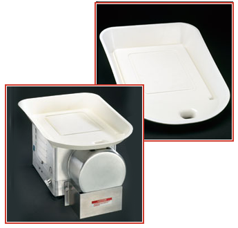 #600 speed Pan accessories for Prawnto Shrimp Machine. Hold 10 lbs. of shrimp allowing staff to drop shrimp with both hands. Built in funnel to direct shrimp to the center of the processing area.