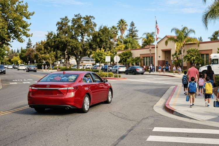 Red Lexus sedan driving through a school zone as students walk nearby, highlighting back-to-school