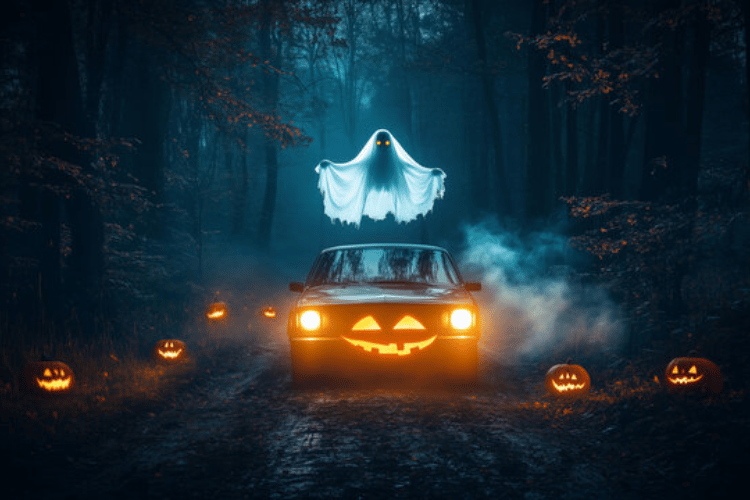 Jack-o'-lantern car headlights in a dark forest with a glowing ghost hovering above, lit pumpkins around it