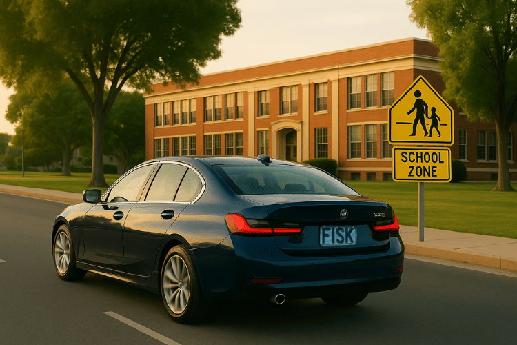 Black sedan driving past a yellow school zone sign near a brick school building at dusk