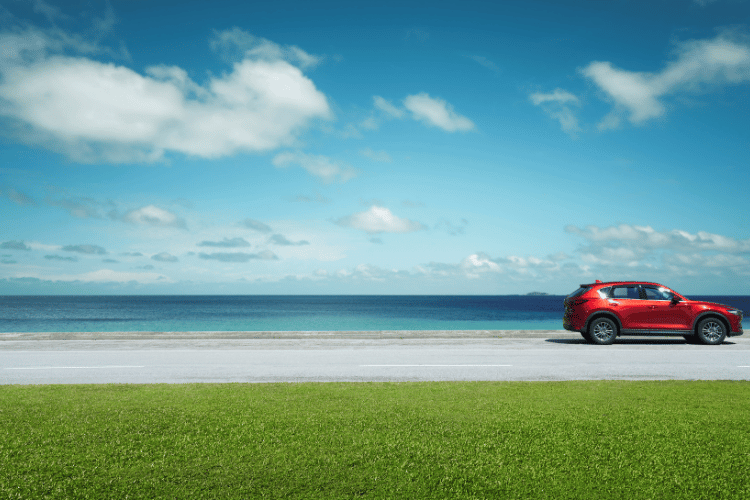 Red SUV parked beside a beach with blue ocean, green grass, and a partly cloudy sky.