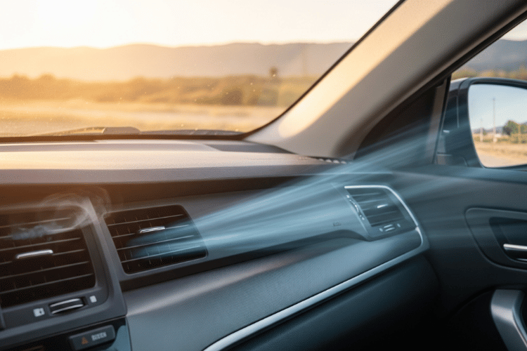 Car dashboard and passenger-side air vent with sunlight streaming across the interior and road outside the window