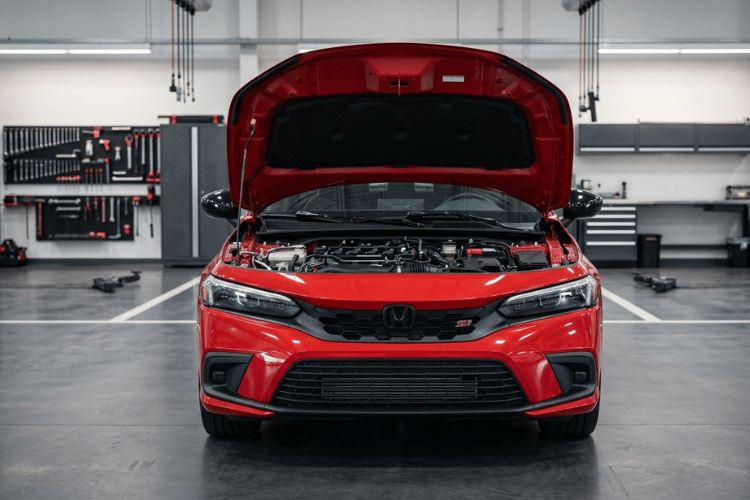 Front view of a red Honda Civic with the hood open inside a clean, modern auto repair shop