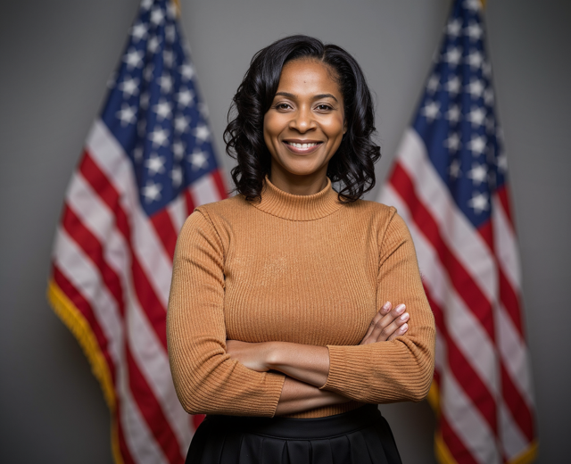 Woman in a tan sweater, arms crossed, smiling. Two American flags in the background.