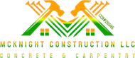 Logo for McKnight Construction LLC, featuring hammers, nails, and a house outline in green and orange.