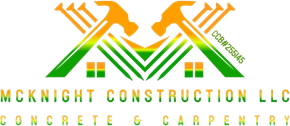 Logo for McKnight Construction LLC, featuring hammers, nails, and a house outline in green and orange.