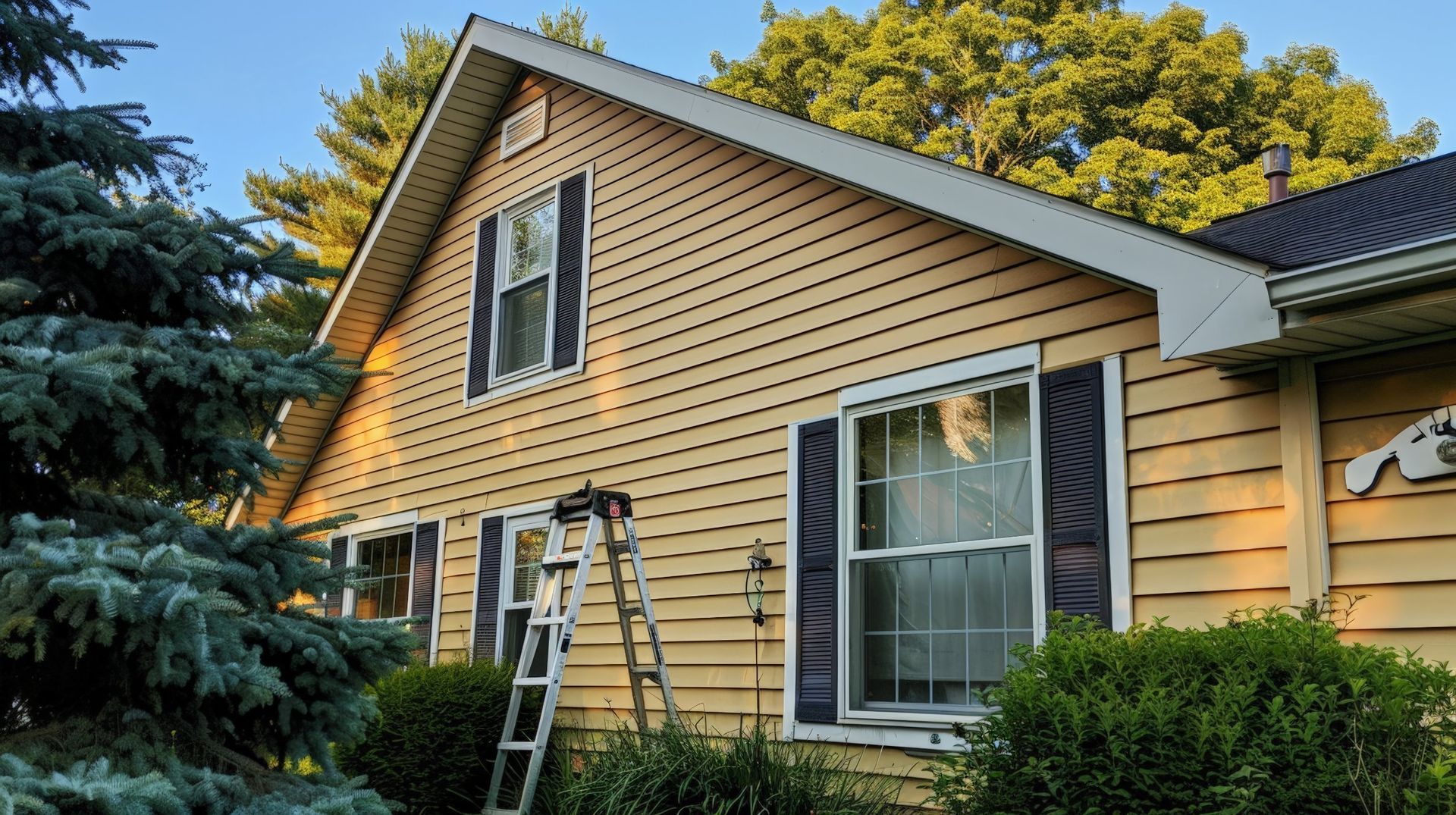 Yellow house exterior with ladder by a window and trees in the yard