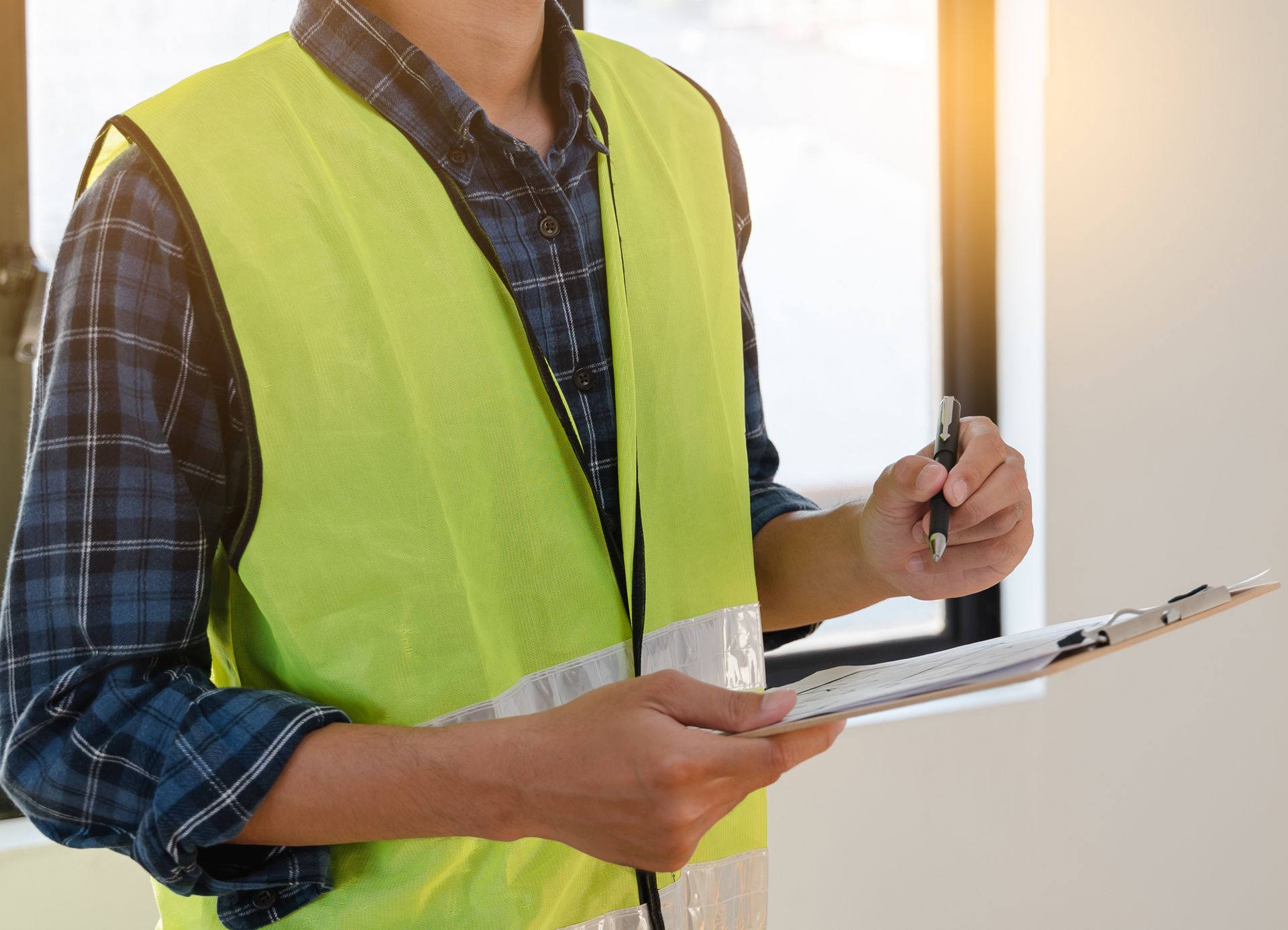 A person is measuring a piece of wood with a pencil and a hammer.