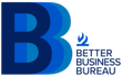 Logo for the Better Business Bureau featuring a large blue letter 'B' with a flame icon and the company name.