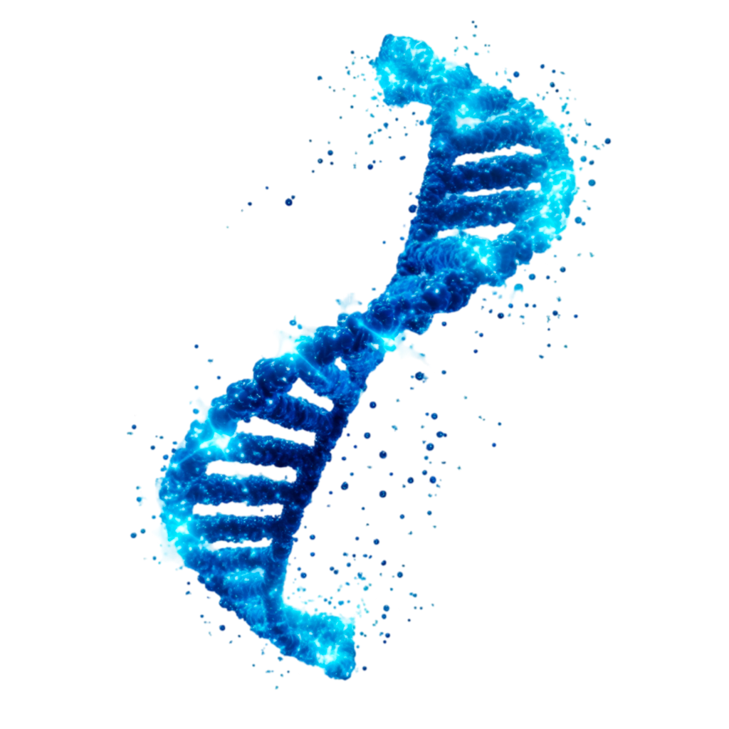 Blue DNA double helix made of scattered particles on a white background
