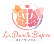 Logotipo de la Lic. Daniela Biafore, psicóloga, con un icono de cerebro y corazón rosa.