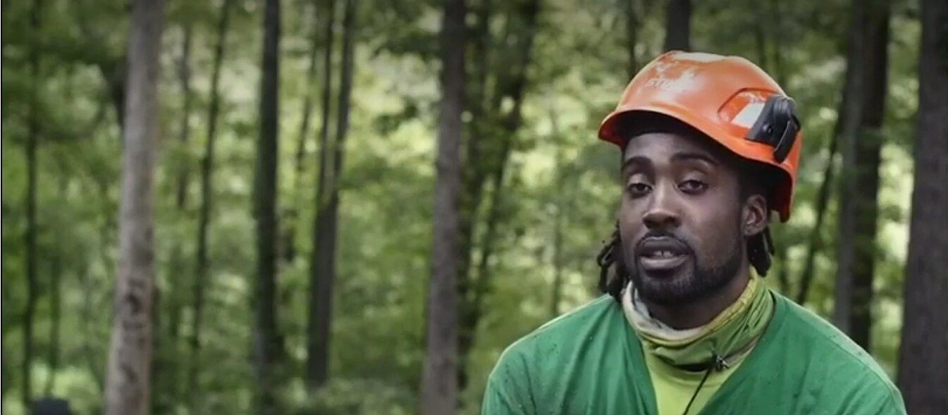 Tree Up Tree Down crew member in an orange hard hat standing in a wooded Atlanta, GA lot, ready for tree removal and land clearing