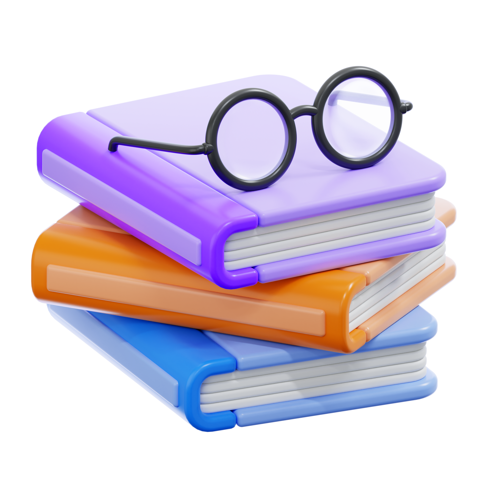 Stack of three colorful books with black round glasses on top