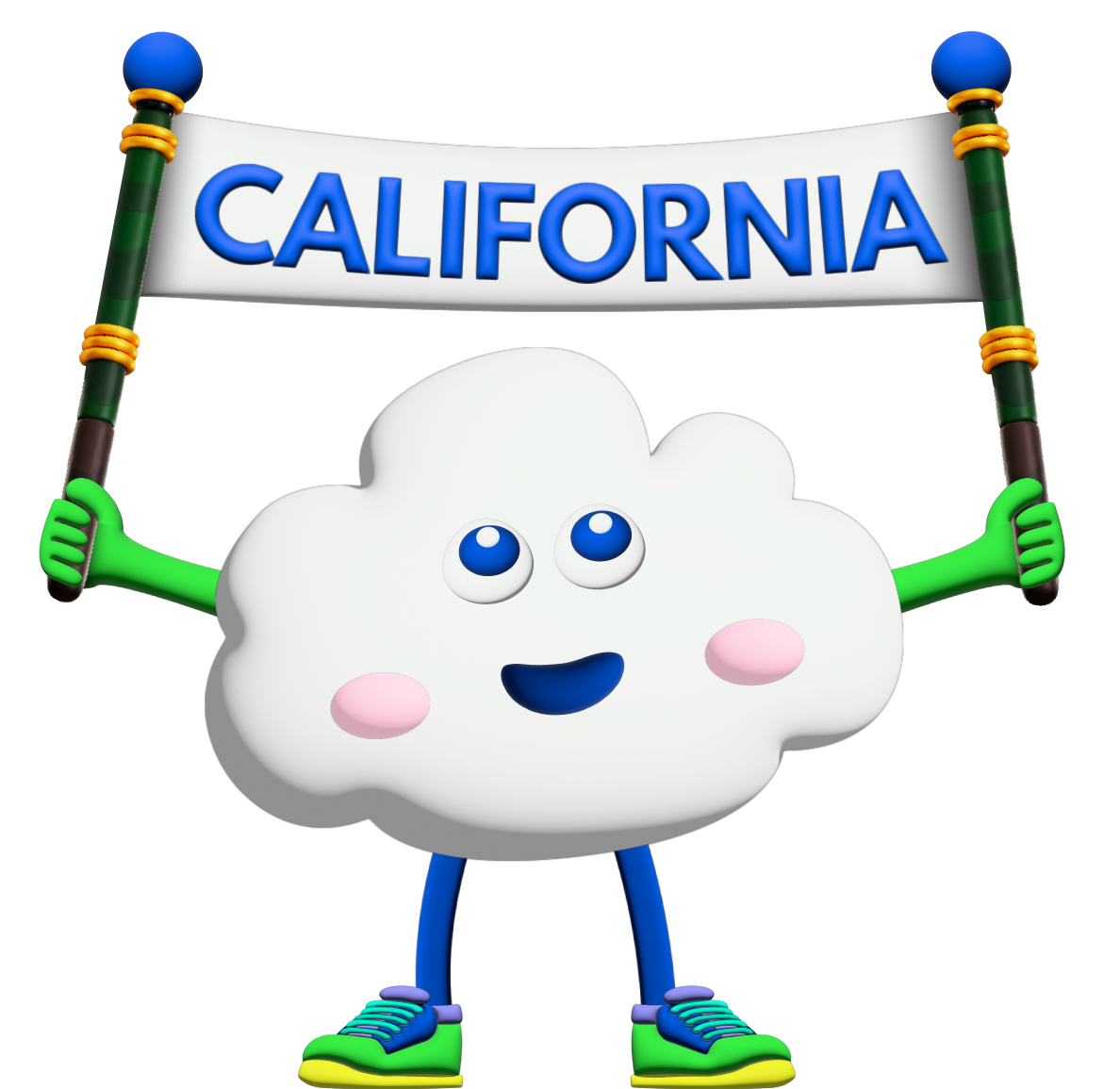 Cartoon cloud mascot holding a CALIFORNIA banner, smiling with blue eyes and colorful shoes.