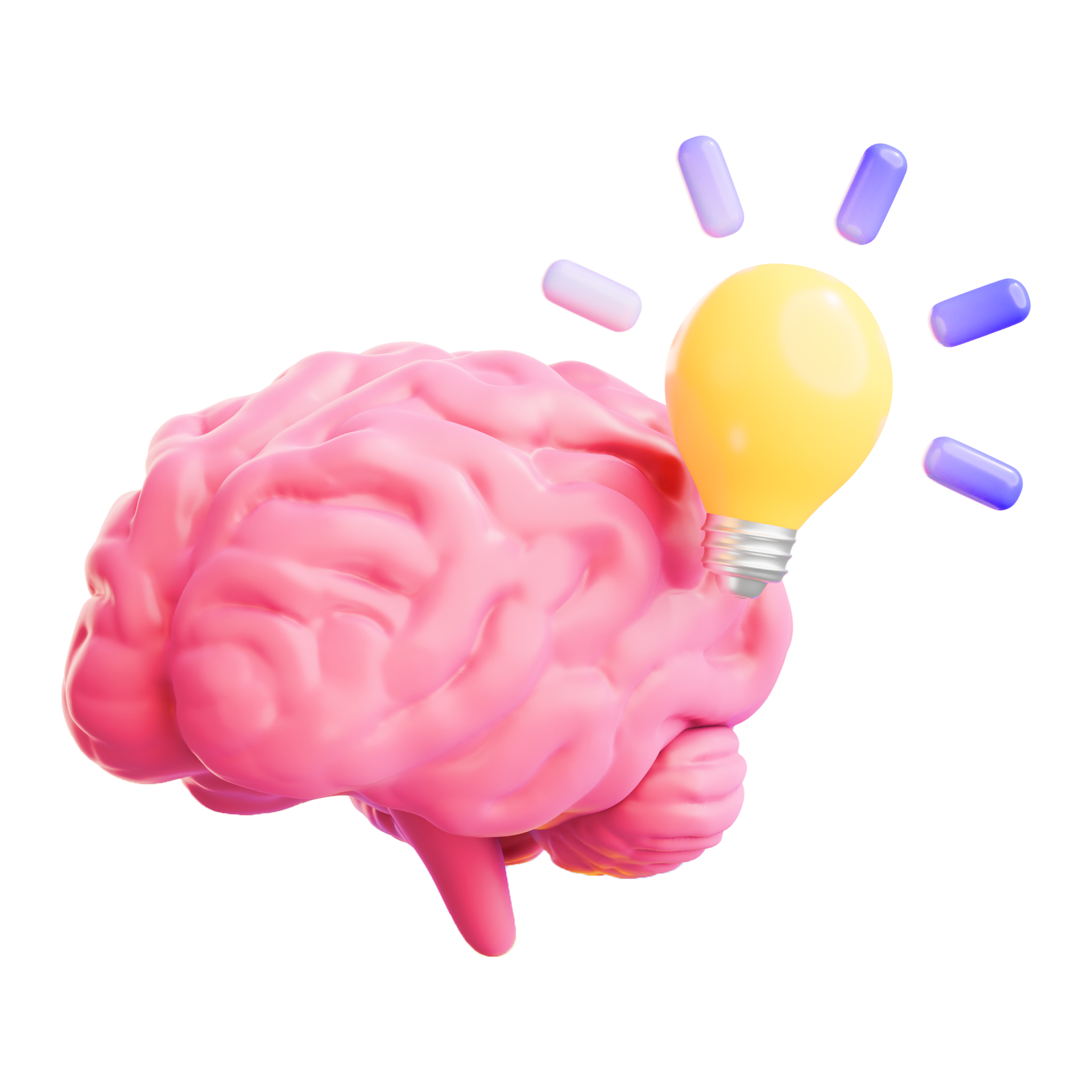 Pink brain with a glowing light bulb, suggesting an idea or creativity.
