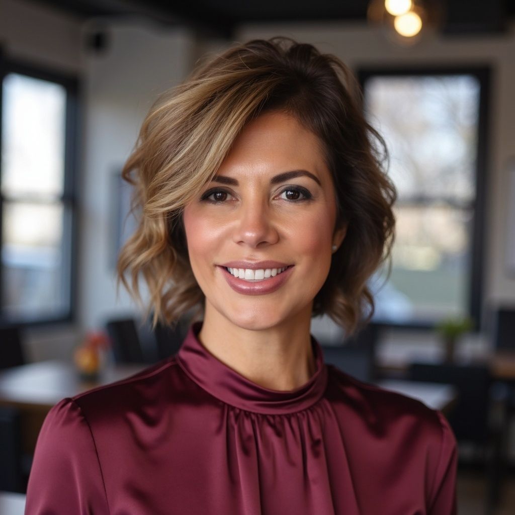 Smiling woman in a burgundy blouse in a softly lit indoor setting