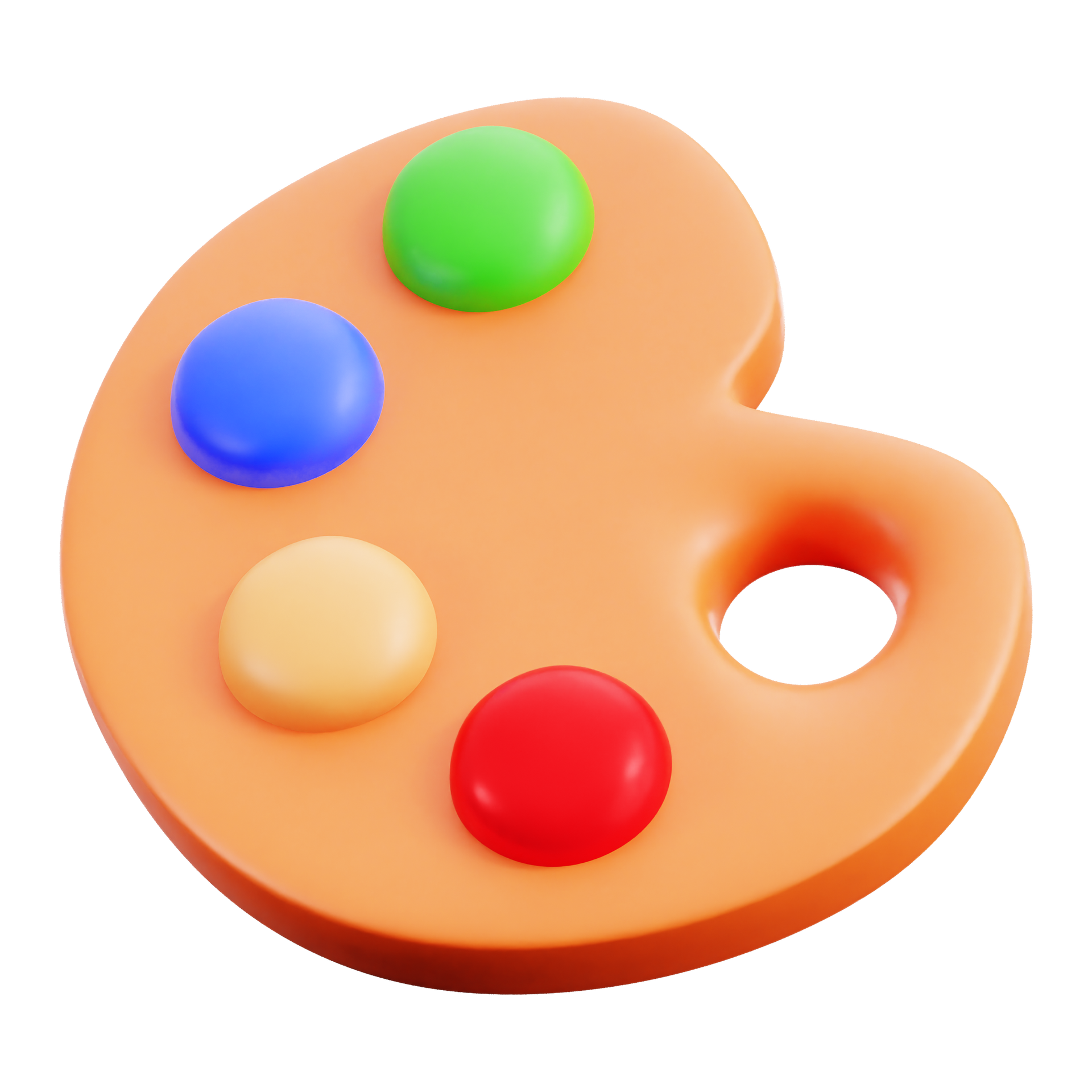 Colorful artist’s paint palette with red, blue, green, and beige paint blobs