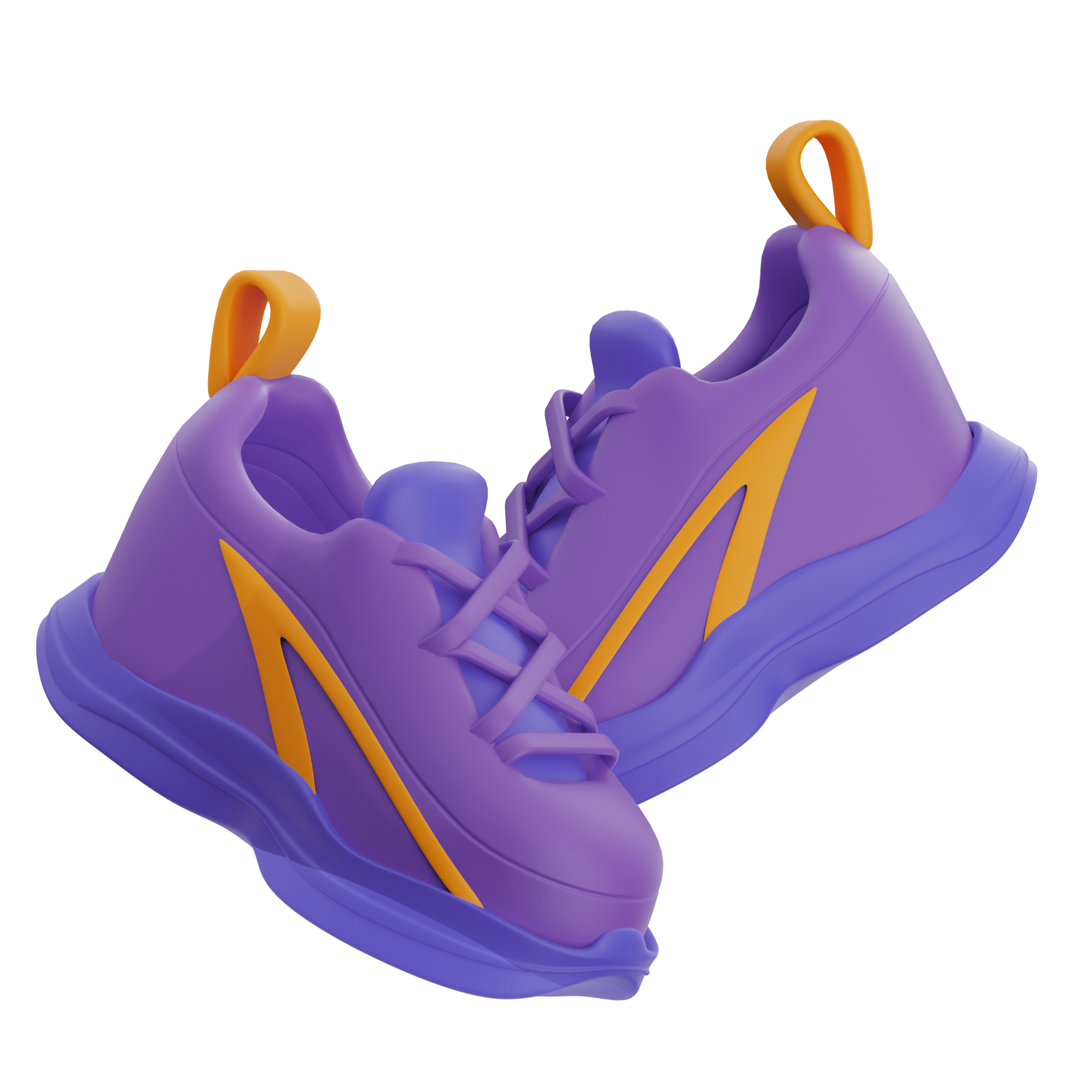 Purple athletic shoes with orange accents, shown side by side on a white background