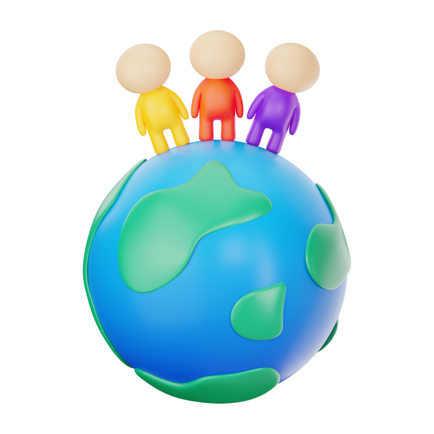 Three colorful figures standing on a globe, symbolizing global community.